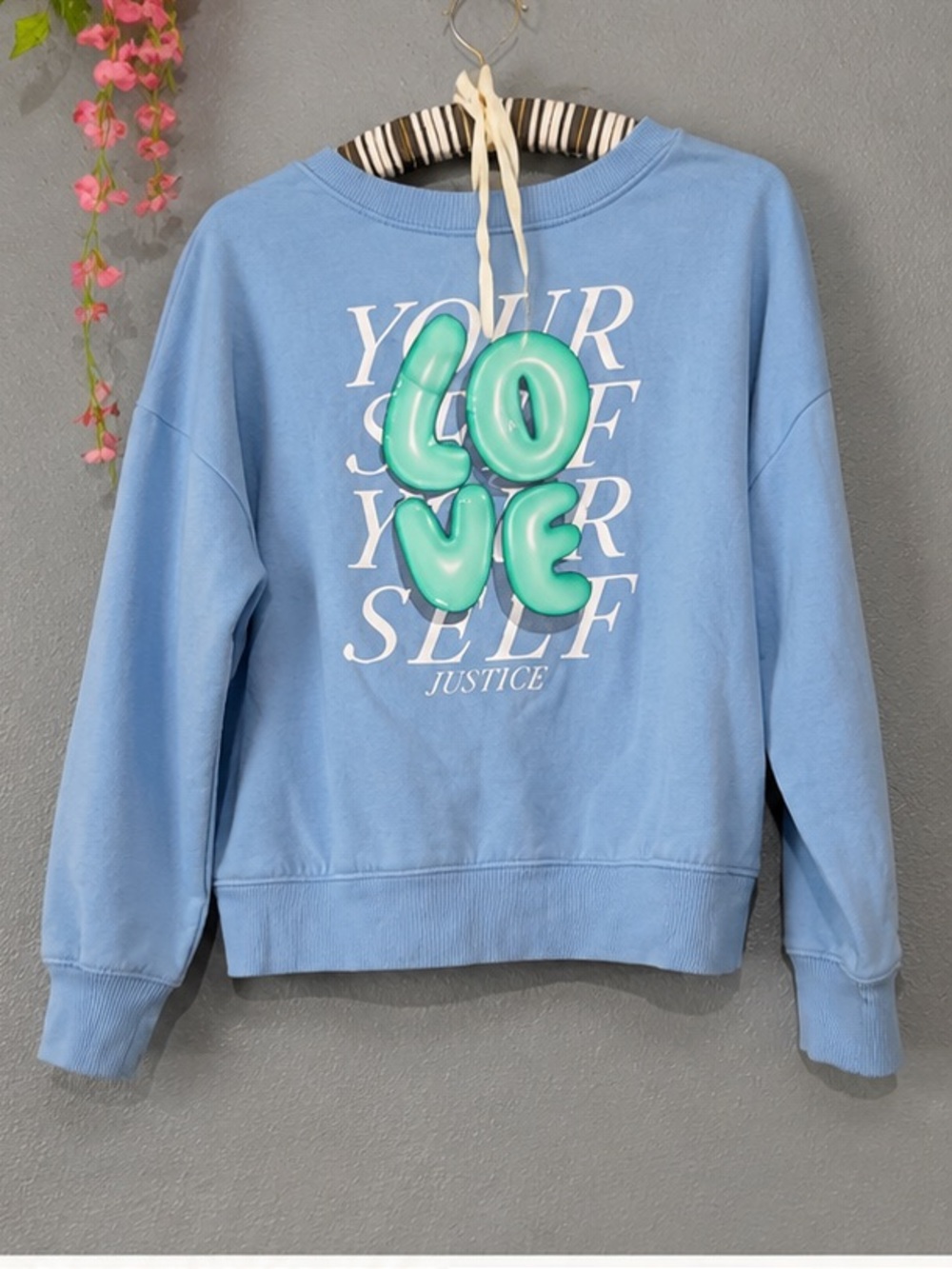 Justice Light Blue Sweatshirt with Mint Green Puffy 'Love Yourself' Graphic
